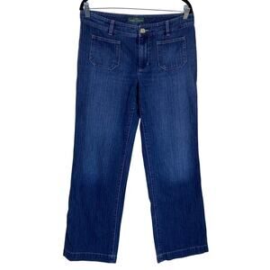 L-Ralph Lauren Sz 10 Y2K Blue Pinstriped Relaxed Wide Leg Jeans Patch Pockets